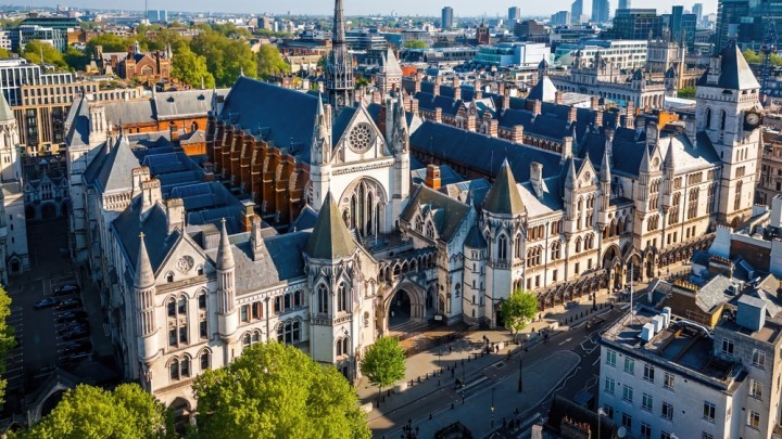 Panoramic drone shot of the Royal Courts of Justice